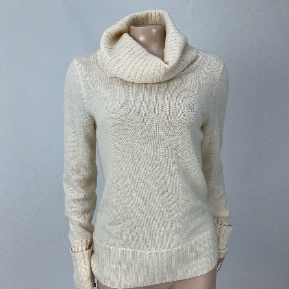 ONLY MINE 100% CASHMERE Sweater Small Ivory Womens Soft Funnel Turtle Neck